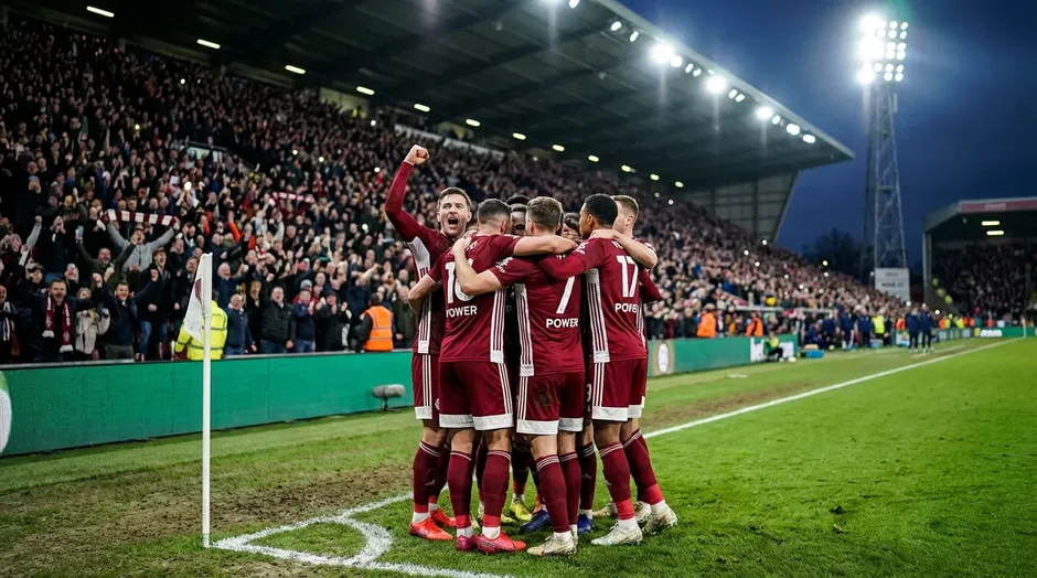 Joueurs de football en maillots rouges celebrant un but sur la pelouse d'un grand stade