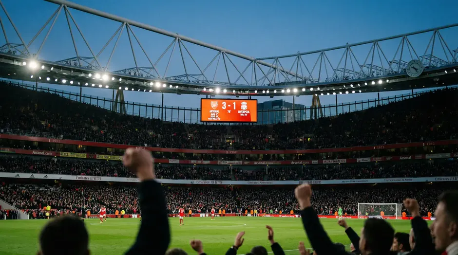Tableau d'affichage de scores dans un stade de football avec des supporters dans les tribunes