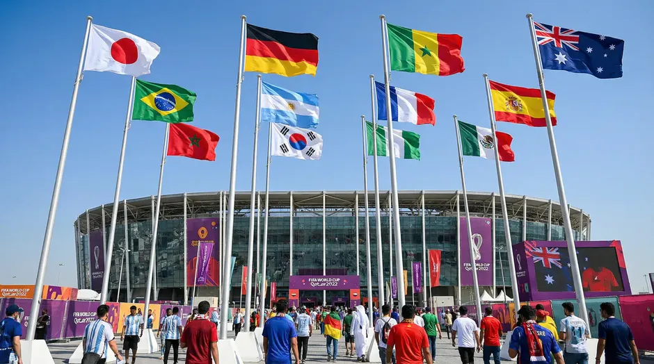 Drapeaux de nations participantes flottant devant un terrain de football avant un match de Coupe du Monde