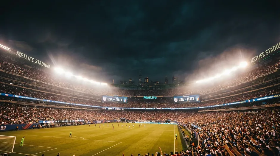 Stade de football illumine la nuit pendant un match de Coupe du Monde avec les projecteurs allumes