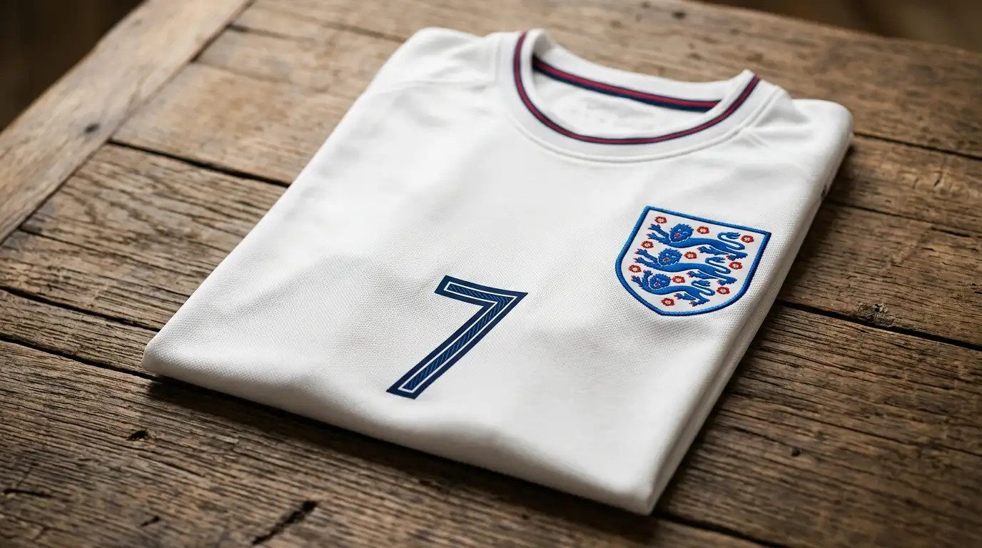 Vue d'un maillot blanc frappé du numéro 7 et de trois lions brodés