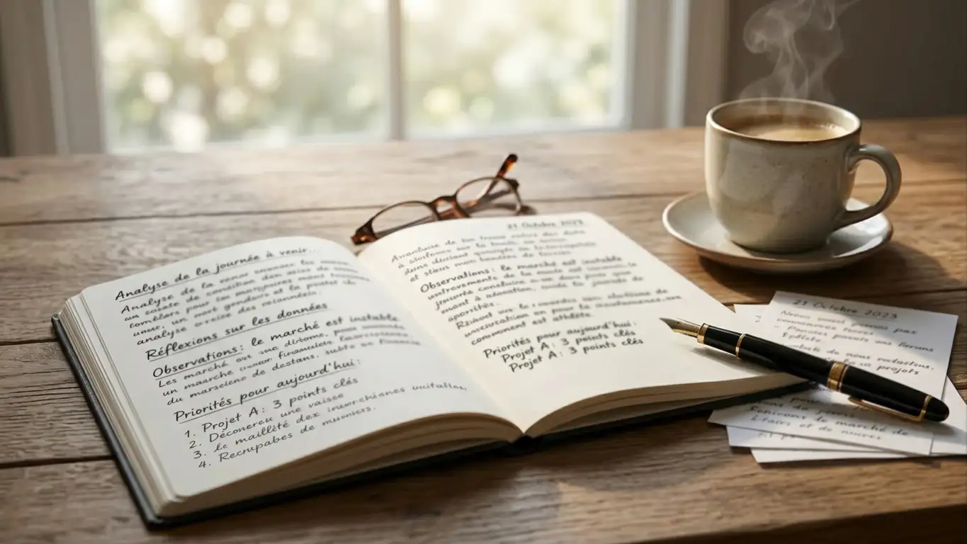 Vue d'un carnet de notes posé sur un bureau avec un stylo et une tasse de café