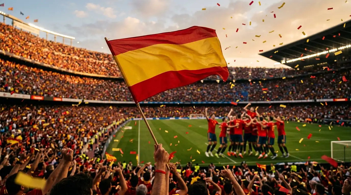 Vue d'une main levée brandissant un drapeau rouge et jaune dans un stade
